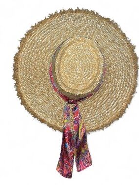 Wide-Brim Straw Sun Hat with Pink Paisley Scarf Detail